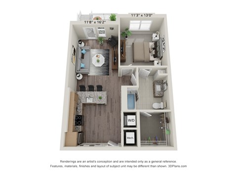 Floor plan for 1 bed, 1 bath, 700 sqft
